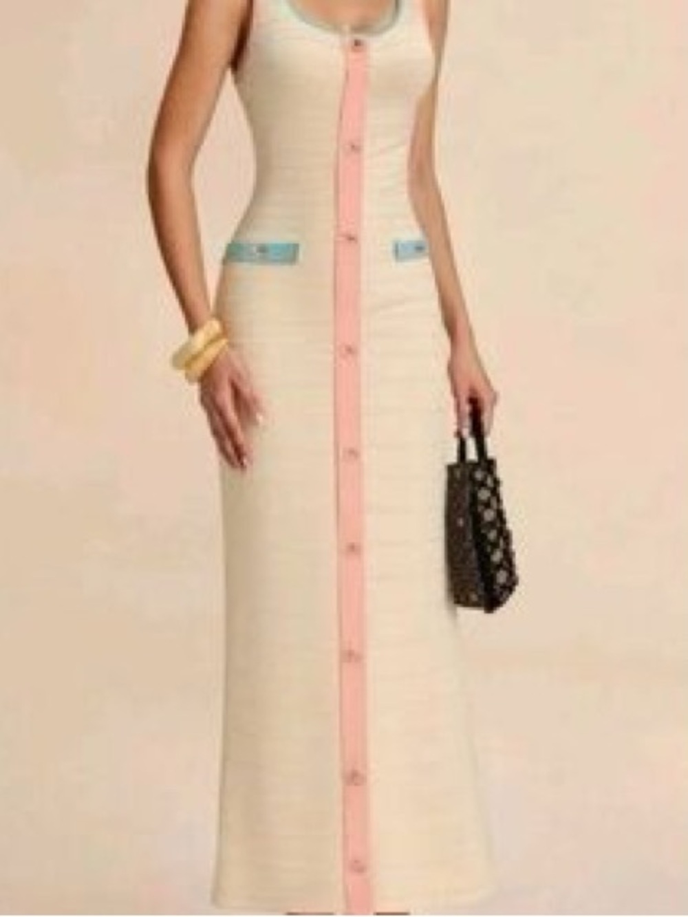Commense Cream Midi Tank Dress with Pink Trim and Blue Accents size Medium. NWT